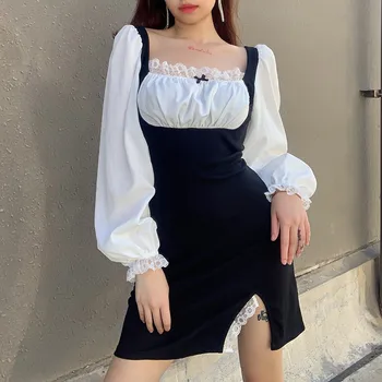 Goth Lolita Style Oblačenja Žensk Korejski Retro Čipke, Kontrast, Barve Lok Luč Rokav Obleka, Modni Visoko Pasu Split Mini Klub, Obleko