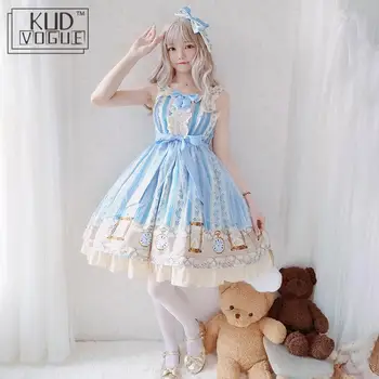 Japonski JSK Lolita Obleko Sladko Kawaii Za Dekle Lepe Modre Tiskanje Bowknot Letnik Viktorijanski Ženske Obleke Princess Party Summer