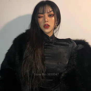 Kitajski Tradicionalni Cheongsam Obleka Ženske Črna Gothic Vezenje Qipao Retro Split Seksi Bodycon Letnik Barva Vroče Vestido