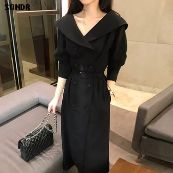 Korejski Enodelno Obleko Za Ženske Jeseni Leta 2020 Francoski Urad Dama Elegantno River Dvojno Zapenjanje Slim Puff Rokav Obleke, Dolga Obleka