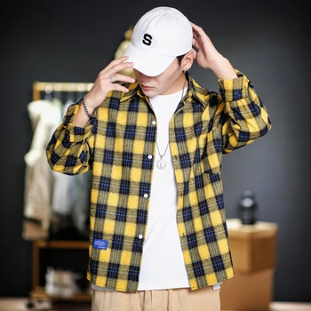 Korejski slog moški modni long sleeve majica kariran obleka, moška obleka 5xl ulične 2019 jeseni priložnostne modro rumene majice CS69