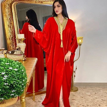 Maroški tam kaftan Spredaj Odprti Dubaj Abaya za Ženske do leta 2020 Zlati Trak V Vratu Batwing Rokav Turčija arabski Muslimani Kimono Žamet