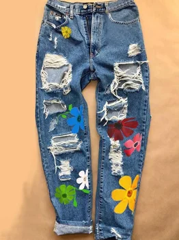 Moda tiskano z visokim pasom priložnostne ženske jeans oprati stiski luknjo naravnost-noge traper hlače ulica, hip-hop lady kavbojke
