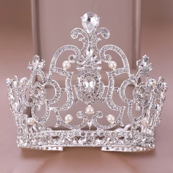 Modna Kraljica Diadem Kristalno Krono Poročni Dodatki Za Lase Okraski Kristalno Pearl Tiara & Krono Kralja Glavo Nakit, Poročne Tiaras