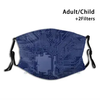 Modra Geek Motherboard Vezje Vzorec Za Večkratno Uporabo Usta, Obraz Maske Z Filtri Za Otroke Modri Tabli Čip Vezja Circuitboard Računalnik