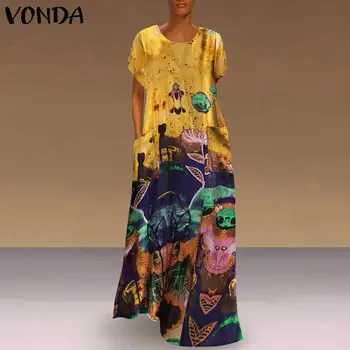 Mozaik Cvjetnim Natisne Sundress VONDA Priložnostne Kratek Rokav Maxi Obleka Ženske Jeseni Eleganten Plašč Ženski Bombaž Perilo Obleke
