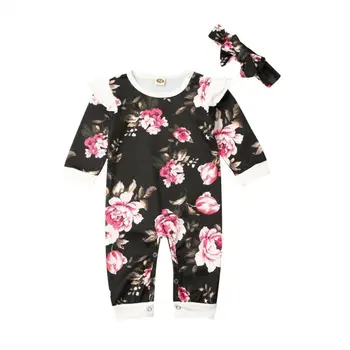 Newborn Baby Girl Obleke Cvetlični Romper Dolg Rokav Ruffles Jumpsuit Glavo, Obleko Komplet Dojenček Zimska Oblačila
