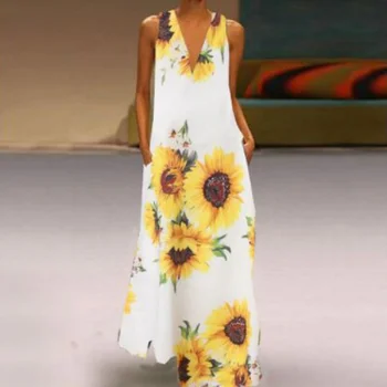 Nova Plus Velikost Obleko Vestidos Žensk Natisnjeni Sundress Moda Bohemain Priložnostne Maxi Obleko brez Rokavov V Vratu Poletje Haljo Femme