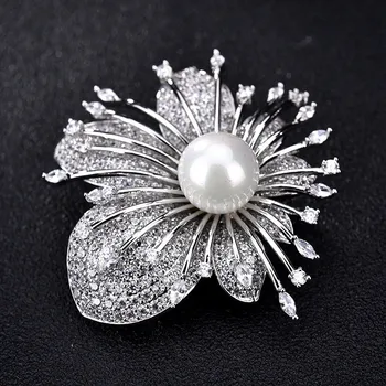 OKILY AAA Cirkonij Cvet Pin in Broške Srebrne barve Simulirani Pearl Dekoracijo Broška za Ženske Poročni Nakit Dodatki