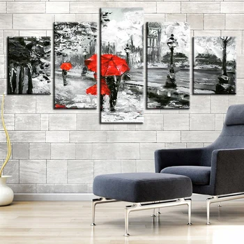 Platno Stensko Slikarstvo Umetniške Grafike 5 Kosov Rdeči Dežnik Ljubimec Plakat London Street Dež Prikaz Slik Dnevna Soba Retro Doma Dekor