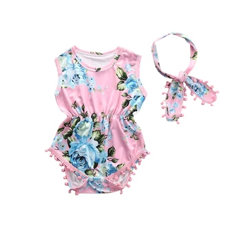 Poletje Novorojenega Dojenčka Baby Dekle Cvetlični Obleka brez Rokavov, Obleka, naglavni trak Enem kosu Sunsuit Srčkan Obleko Oblačila