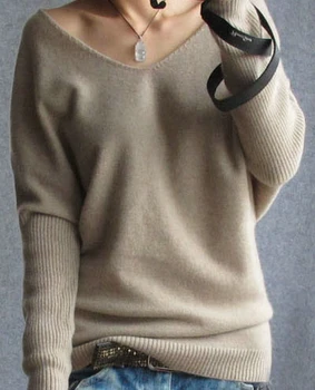 Pomlad jesen puloverje ženske modni seksi proti-vrat puloverju svoboden volne batwing rokav plus velikost pletene vrhovi