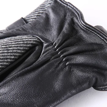 Pravega Usnja rokavice za moške zimske volne sponko pasu proge plus žamet debele ovčje kože rokavice, kolesarske vožnje tople rokavice E90