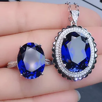 Razkošje velike ovalne modra, temno modra dragih kamnov diamanti obesek ogrlice za ženske, bela, zlata, srebrna barva kristalni nakit, dragulji darilo