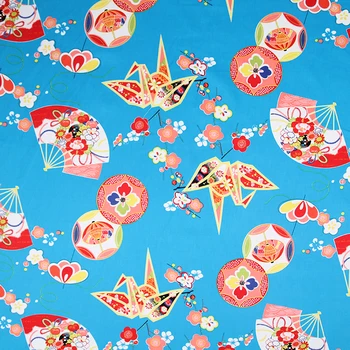 Ročno diy tkanina za ženske obleko kimono krpo modro dno fan Papir Žerjav tiskane tkanine lepe moda obleko tkanine