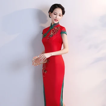 S-4XL Grren Stranka Cheongsam Letnik Kitajski Stil Pomlad Dolgo Večerno Obleko Orientalski Ženska Elegantna Qipao Vestido Plus Velikost