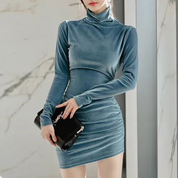 S-XL korejski Nezakonitih Krat Turtleneck Dolg Rokav Zlato Žamet Jeseni, Pozimi Obleko Ženske 2020 Visoko Pasu Večerno Obleko Za Ženske