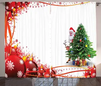 Santa Okna Zavese Oče Božič in Jelenov Nasmejan Za Praznično Borovih v Rdeče Kroglice Okvir Dnevna Soba Spalnica