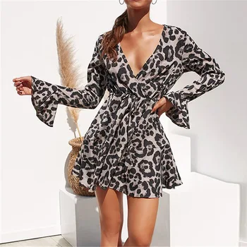 Seksi V Vratu Mini Obleka Ženske Flare Dolg Rokav Leopard Print A Linija Obleke 2021 Pomlad Poletje Nov Prihod Vestito Da Donna Y2k