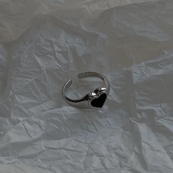 Silvology 925 Sterling Silver Black Srce Obroči Letnik Naredite Stare Minimalističen Elegantno Odpiranje Obroči za Ženske Festival Nakit Darilo