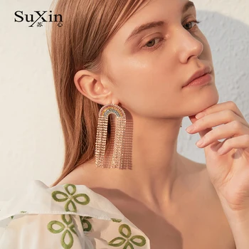 SuXin uhani 2020 novo preproste barve tassel temperament uhani za ženske dolgo kristalni obesek, uhani nakit darilo