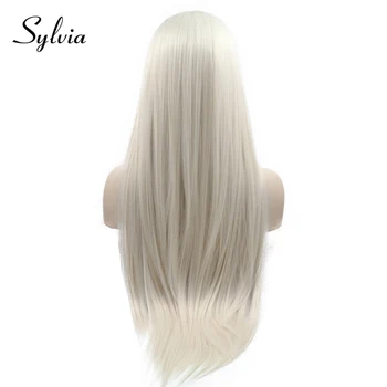 Sylvia Platinum Blonde Svilnato Naravnost Sintetičnih Čipke Spredaj Lasulje Sredini Slovo 180% Gostoto Pol Ročno Vezane Toplotno Odpornih Vlaken