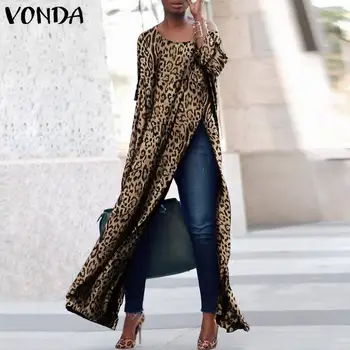 VONDA Plus Velikost Ženske Leopard Tiskanja Obleko 2021 Jeseni Seksi Split Klub Stranka Maxi Obleke, Casual Svoboden Dolg Rokav O Vratu Vestido