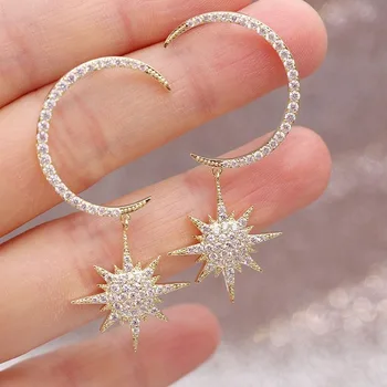 Vroče Prodaje Bohemian Srčkan Luna Star Silver Gold Uhani s Cirkon Kamen Modni Nakit korejski Uhani 2019