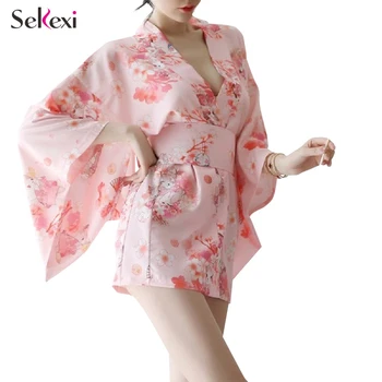 Ženske Pajama Seksi Perilo Nightgown Dolgo Obleko Erotično Spodnje Perilo Za Dame Japonski Sakura Tiskane Tkanine Kimono Sleepwear Za Seks