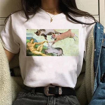 Ženske T Shirt Tiskanje Umetnosti Mačka Van Gogh Estetske Goth Risanka Oversize Priložnostne Ženski Tshirt 90. letih Vrhovi Tee Ulzzang Vintage T-Shirt