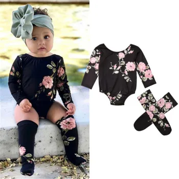 2019 Novo Lepo Dew-nazaj Okrogle Ovratnik za Malčke Baby Dekleta Cvetlični Poletne Obleke Dolg Rokav Obleka, Jumpsuit Nogavice
