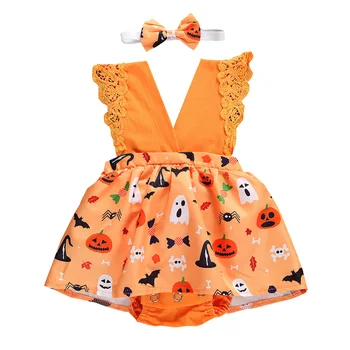2020 Halloween Newborn Baby Dekle Romper Risanka Bučna V vratu Čipke Ruffles Jumpsuit Princesa Stranka Kostume 0-18 M