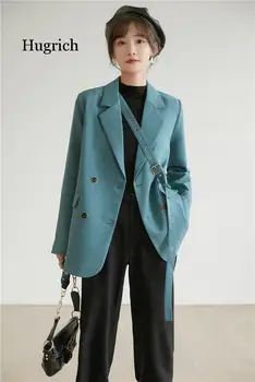 2021 Nov Blazer Moda za Ženske Spomladi in Jeseni Design Kravato Svoboden Priložnostne Modro Obleko