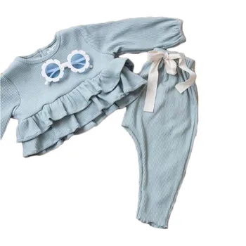 2021 Pomlad Novo Toddlers Dekle Oblačila, ki Baby Girl Obleke, Modra Majica Dolg Rokav Talasati Vrhovi + Hlače 2pcs Baby Boy Oblačila, ki