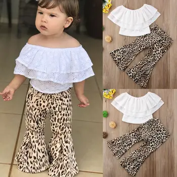 2Pcs Dekle Oblačila, ki Malčke Baby Dekle Čipke Vrhu Ruffles T-shirt Leopard Širok Noge Sežgati Bell Hlače Ljubko Dekle Obleke Set