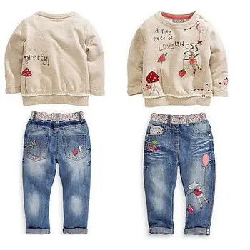 2pcs otroci Baby Priložnostne Dekleta Vrhovi +Denim Jeans Hlače Komplet Obleke Pomlad Jesen Oblačila