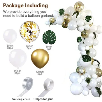 98pcs Balon Garland Arch Kit, Belo Zlato Konfeti Baloni, Umetno Palmovih Listov 6PCS, Baloni za poroko dekoracijo