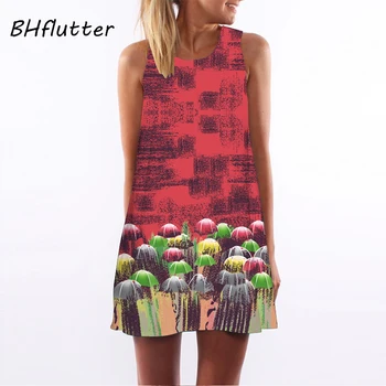 BHflutter 2018 Šifon Obleko Digitalni Cvjetnim Tiskanje Ženske Poletje Obleko Tank Krog vratu Priložnostne Svoboden Bobo Kratko Obleko Haljo Femme