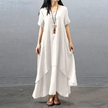 Bombažna Posteljnina Midi Obleke Plus Velikost Boho Veliko Nerednih Vintage Obleke Pomlad Poletje Elegantno Gumbi Priložnostne Vestidos Mujer