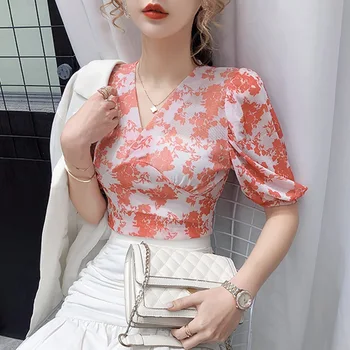 Cvjetnim Natisne Poletne Bluze Ženska 2020 Moda V Vratu Puff Rokav Priložnostne Bluzo Ženske Korejski Oblačila Sexy Elegantne Dame Vrhovi