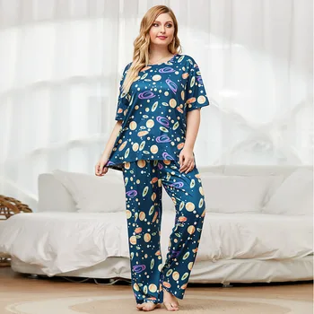 DOIB Plus Velikost Pižame Nastavite Ženske Natisni T-Shirt+Dolge Hlače Velikosti Homewear Dva Kosa Obleko More Sleepwear