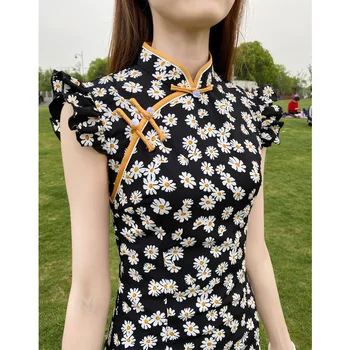 Elegantno Fishtail Obleka Ženske Poletje Moda Cvetlični Bodycon Obleke Ženska Kratka Venčni Rokav Kitajski Slog Slim Mini Obleka