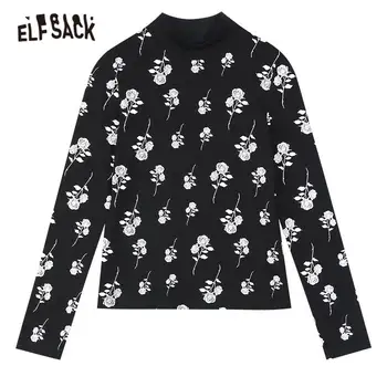 ELFSACK Harajuku Black Cvjetnim Tiskanja Priložnostne Slim T-Majice Ženske,2020 Jeseni ELF Moda Poln Rokav korejski Dame Vrhovi Dnevno