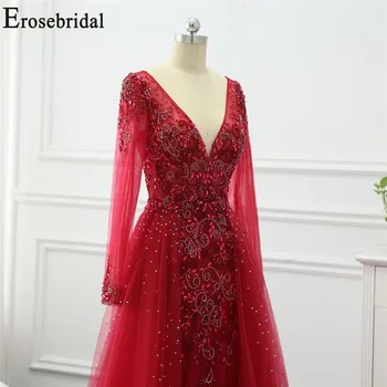 Erosebridal Elegantno Rdeče Dolg Rokav Večerno Obleko 2020 Sije Beading Črto Večerno Obleko Prom Stranka Ženske Nosijo Seksi V Vratu