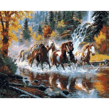 GATYZTORY Okvir Reke Konj Živali DIY Barvanje Z Številkami Evropi Handpainted Oljna slika Na Platnu Za Domačo Steno v slikah