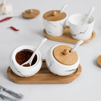 Japonski ustvarjalne marmorirano keramični začimbe jar komplet kuhinja, začimbe polje leseni pladenj lesa kritje olje sol lahko začimbe steklenico c