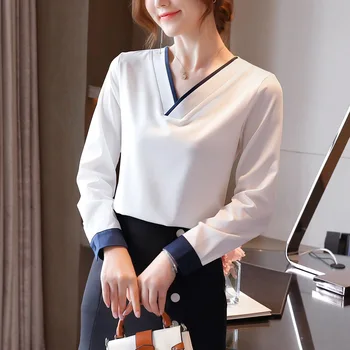 Korejski design jeseni nove ženske kontrast barve šifon shirt majica V-neck majica ženske sladko športna majica