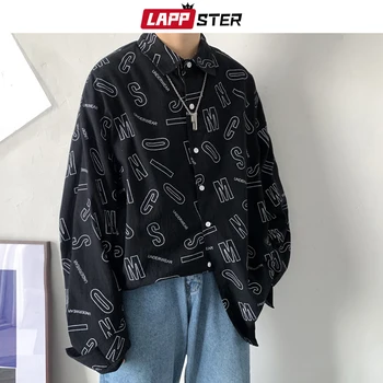 LAPPSTER Moških Pismo Harajuku Prevelike Majice 2020 Jeseni Mens korejski Modnih Long Sleeve Majica Moški Ulične Vintage Oblačila