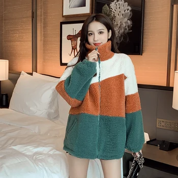 Lucyever 2020 Novo Kontrast Jagnje Majica Ženske Zadrgo Žepi Znižuj Ovratnik Obleke Ženska Korejski Svoboden Oranžna Zgornji Deli Oblacil Ženske