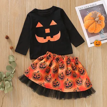 Malčka Baby Dekleta Halloween Nastavite Risanka Natisni T-shirt Vrhovi+Bučna obleko Obleke kiz cocuk elbise 30